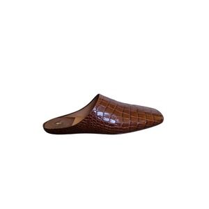 Polo Ralph Lauren Brown Croc Embossed Leather Mules Square Toe Flats Size 7.5